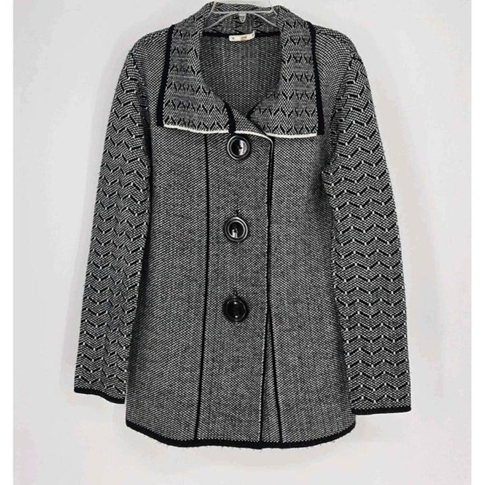 Sioni Black & White Herringbone w/Contrasting Sleeves Collar Sweater Jac…